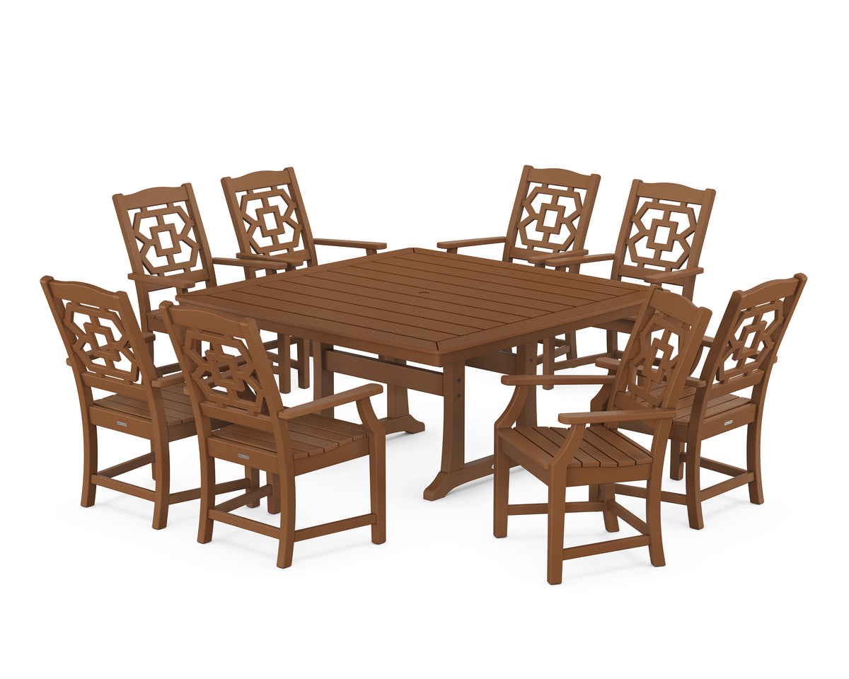 POLYWOOD Chinoiserie 9-Piece Square Dining Set with Trestle Legs in Teak