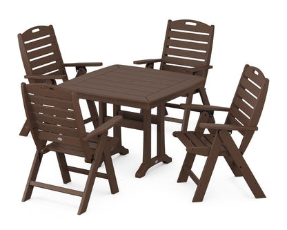 POLYWOOD Nautical Folding Highback Chair 5-Piece Dining Set with Trestle Legs in Mahogany
