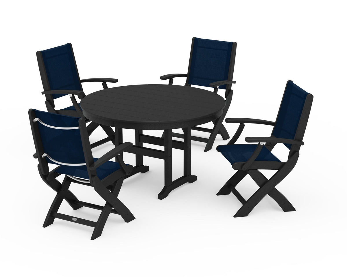POLYWOOD Coastal Folding Chair 5-Piece Round Dining Set in Black / Navy Blue