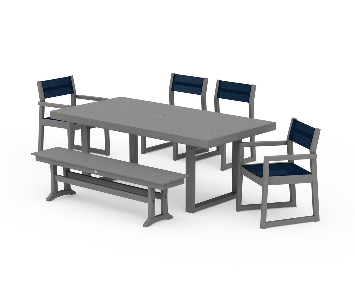 POLYWOOD EDGE Sling 6-Piece Dining Set with Bench in Slate Grey / Navy Blue