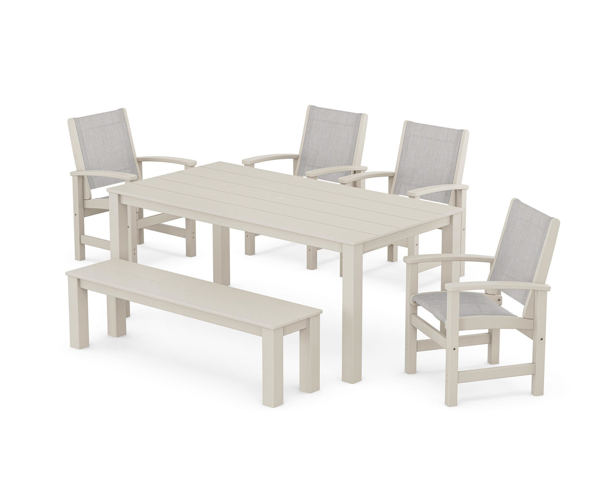 POLYWOOD Coastal 6-Piece Parsons Dining Set with Bench in Sand / Parchment