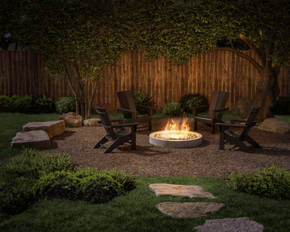POLYWOOD 4-Piece Modern Curveback Adirondack Conversation Set in Black in an outdoor setting