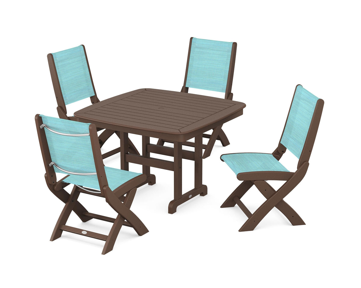 POLYWOOD Coastal Folding Side Chair 5-Piece Dining Set with Nautical 44" Dining Table in Mahogany / Dupioni Aquamarine