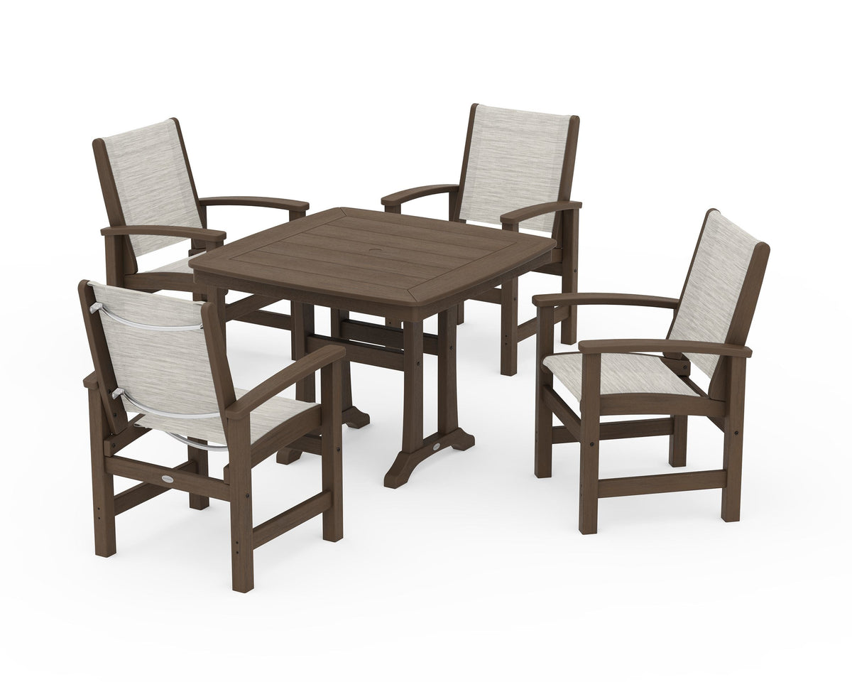 POLYWOOD Coastal 5-Piece Dining Set with Trestle Legs with Nautical Trestle 37" Dining Table in Kona / Birch