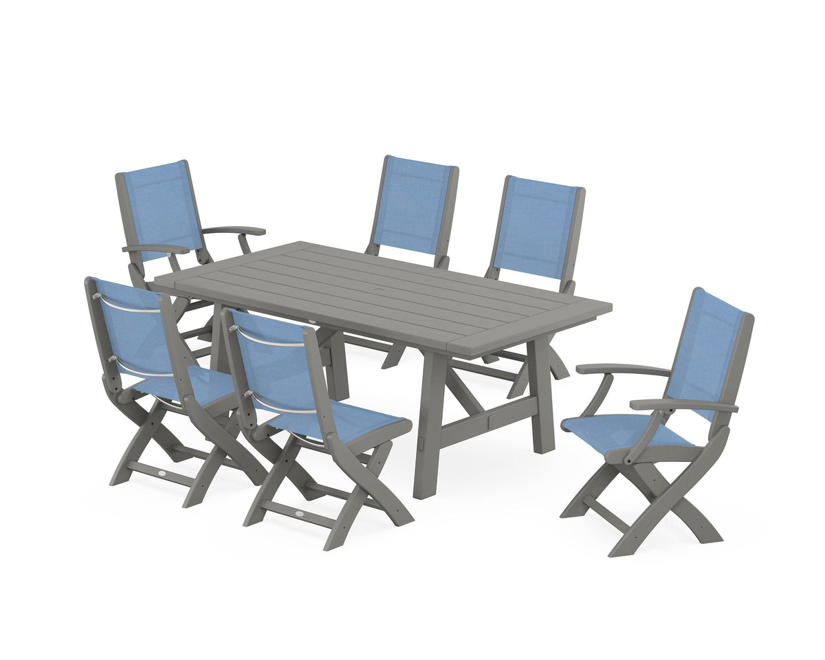 POLYWOOD Coastal Folding Chair 7-Piece Rustic Farmhouse Dining Set in Slate Grey / Poolside
