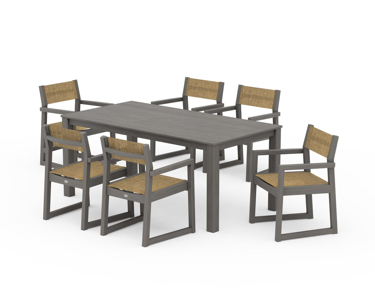 POLYWOOD EDGE Sling Arm Chair 7-Piece Parsons Dining Set in Driftwood / Burlap