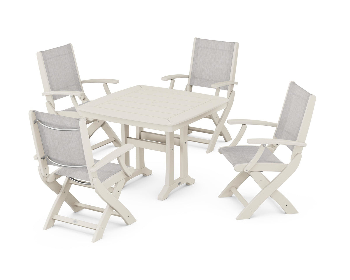 POLYWOOD Coastal Folding Chair 5-Piece Dining Set with Trestle Legs in Sand / Parchment