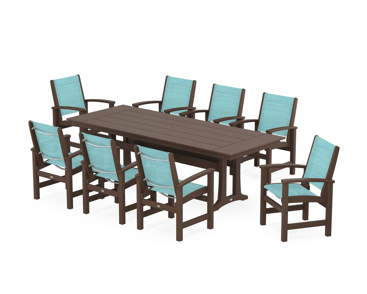POLYWOOD Coastal 9-Piece Farmhouse Dining Set with Trestle Legs in Mahogany / Dupioni Aquamarine