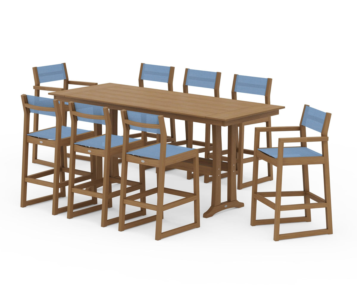 POLYWOOD EDGE Sling 9-Piece Farmhouse Bar Set with Trestle Legs in Natural / Poolside