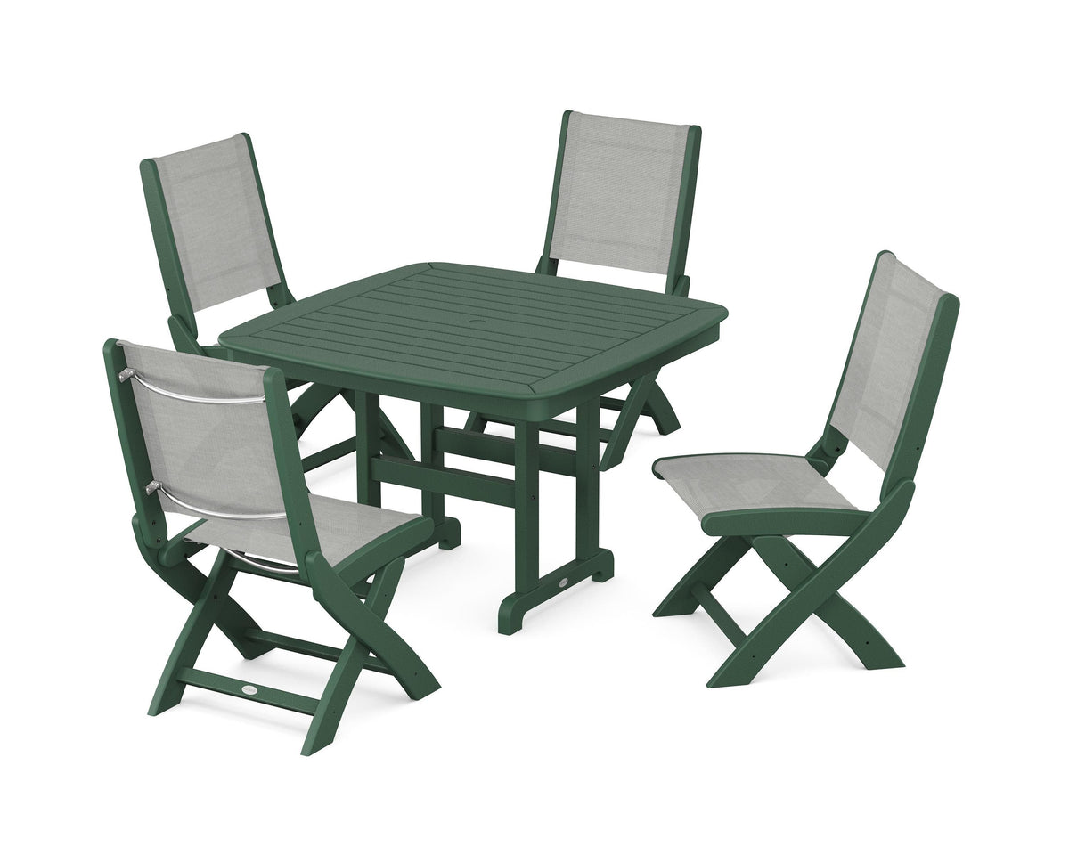 POLYWOOD Coastal Folding Side Chair 5-Piece Dining Set with Nautical 44" Dining Table in Green / Metallic