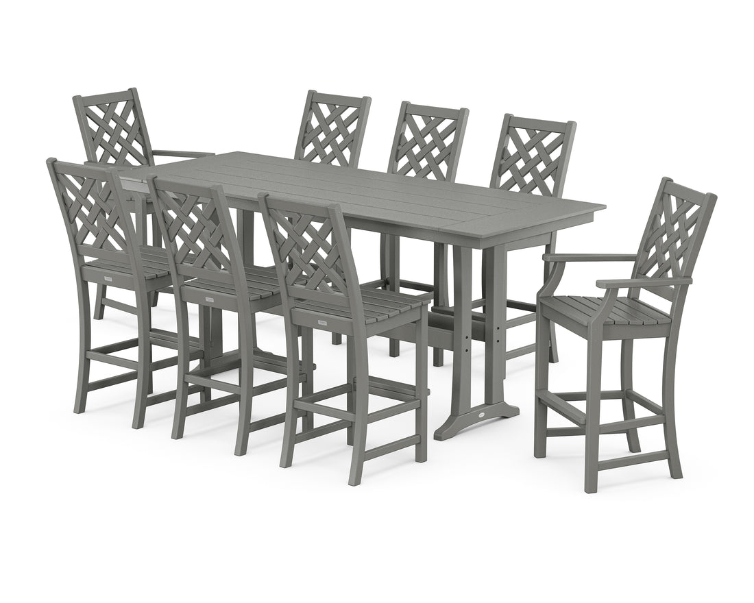 POLYWOOD Country Living Wovendale 9-Piece Farmhouse Bar Set with Trestle Legs in Slate Grey