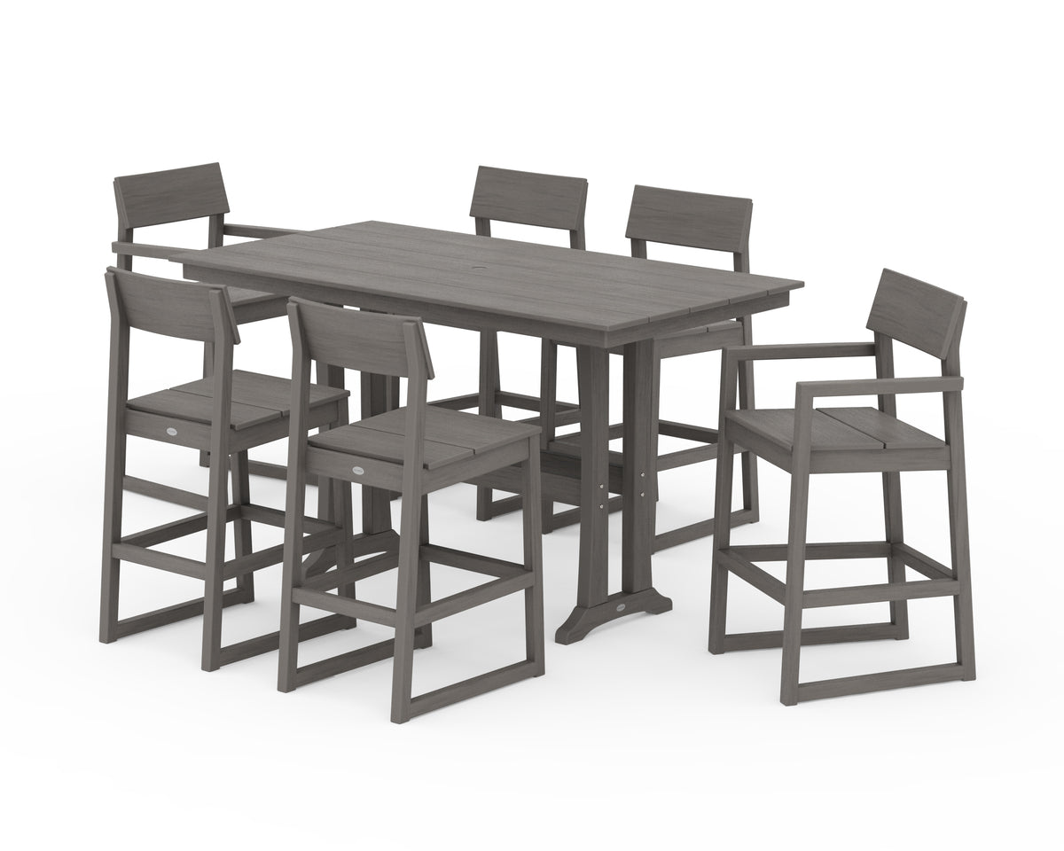 POLYWOOD EDGE 7-Piece Farmhouse Bar Set with Trestle Legs in Driftwood
