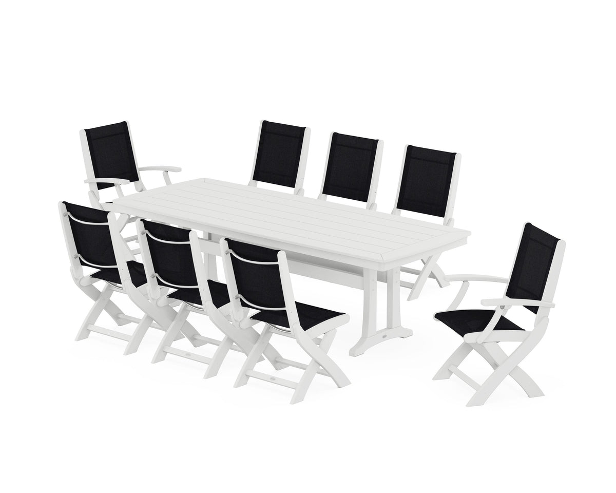 POLYWOOD Coastal Folding 9-Piece Dining Set with Trestle Legs in White / Black