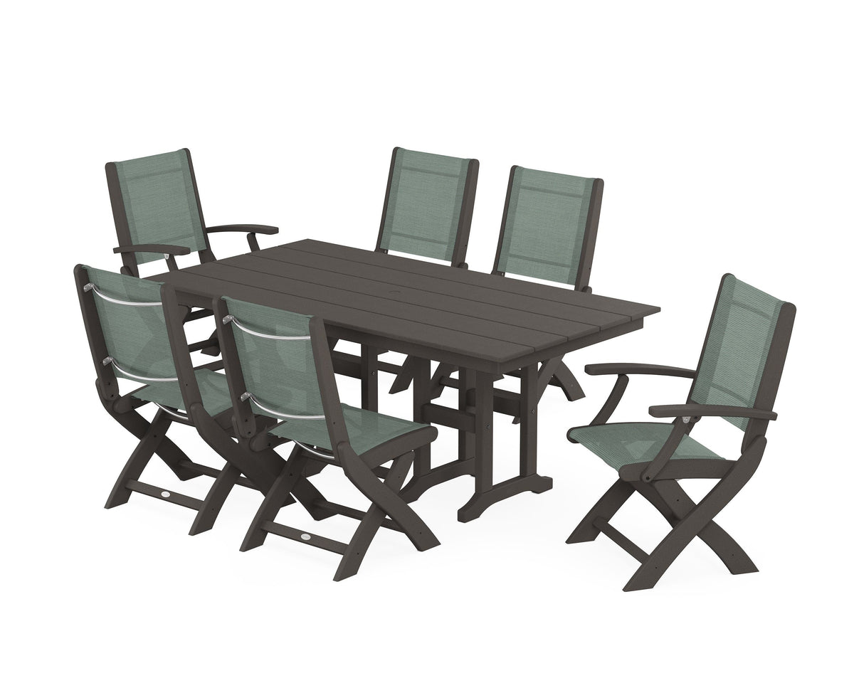POLYWOOD Coastal Folding Chair 7-Piece Farmhouse Dining Set in Vintage Coffee / Dupioni Sea Mist