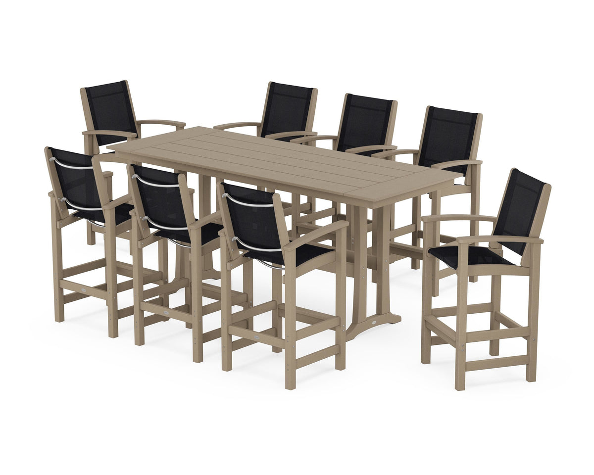 POLYWOOD Coastal 9-Piece Farmhouse Bar Set with Trestle Legs in Vintage Sahara / Black
