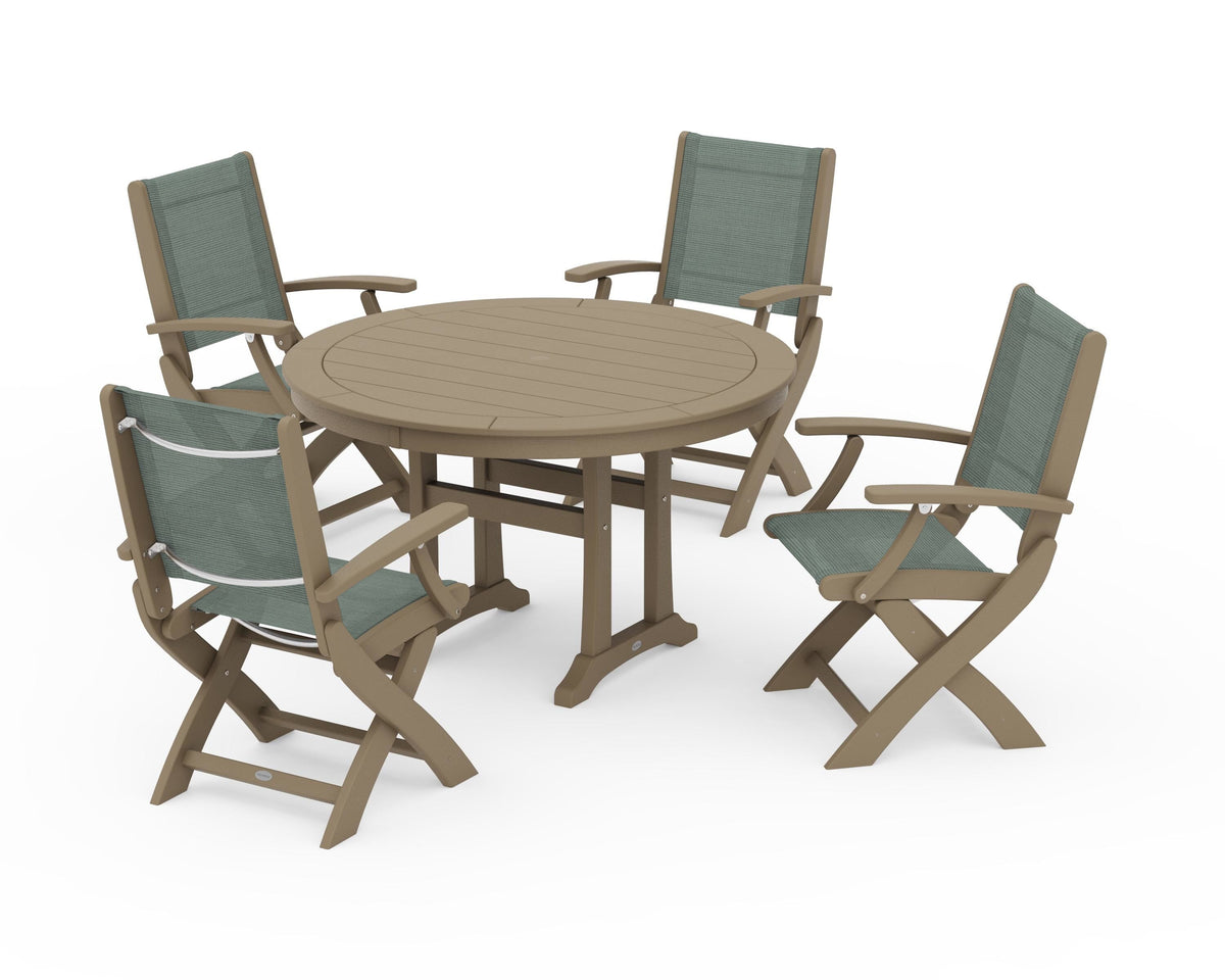 POLYWOOD Coastal Folding Chair 5-Piece Round Dining Set with Trestle Legs in Vintage Sahara / Dupioni Sea Mist