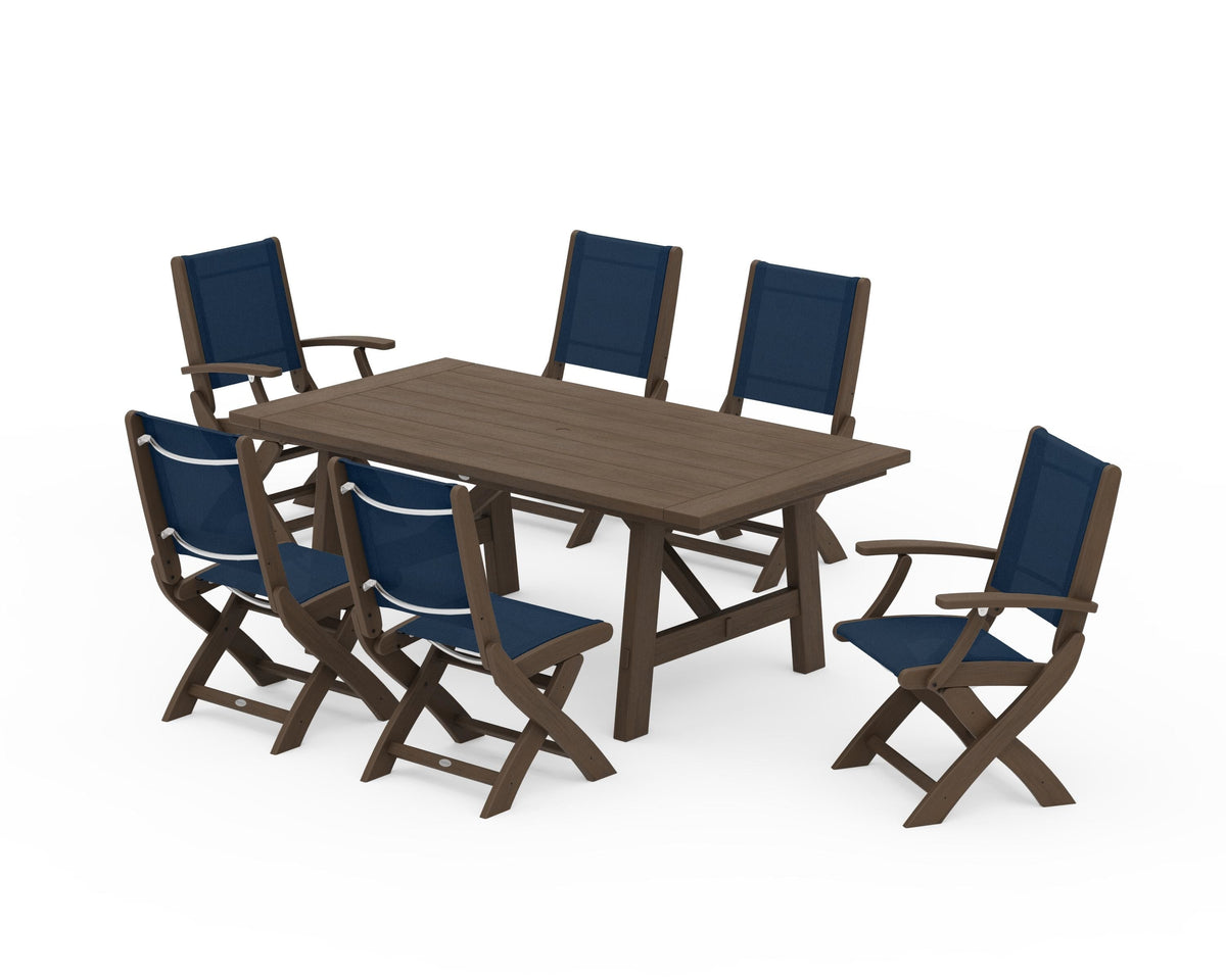 POLYWOOD Coastal Folding Chair 7-Piece Rustic Farmhouse Dining Set in Kona / Navy Blue