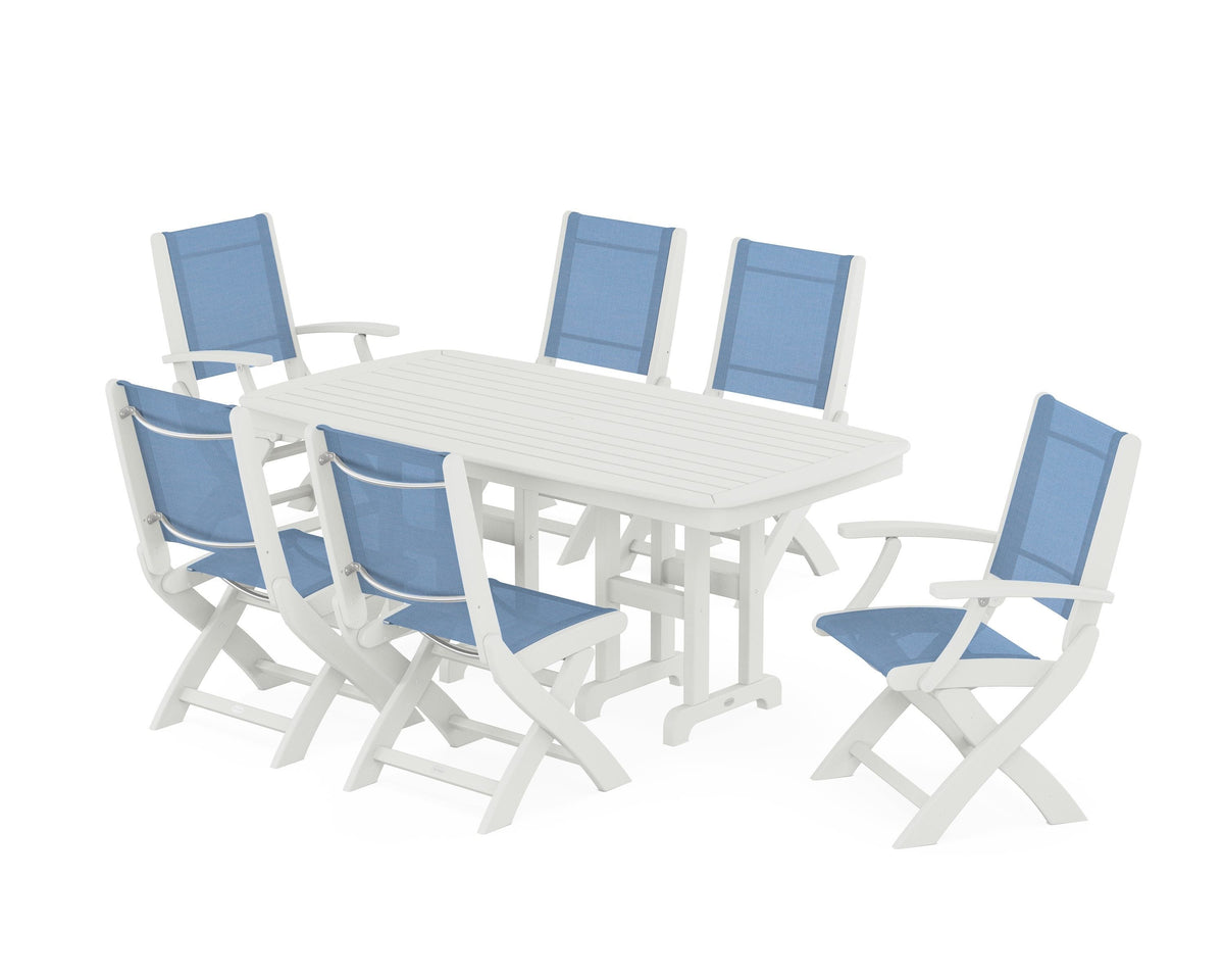 POLYWOOD Coastal Folding Chair 7-Piece Dining Set in Vintage White / Poolside