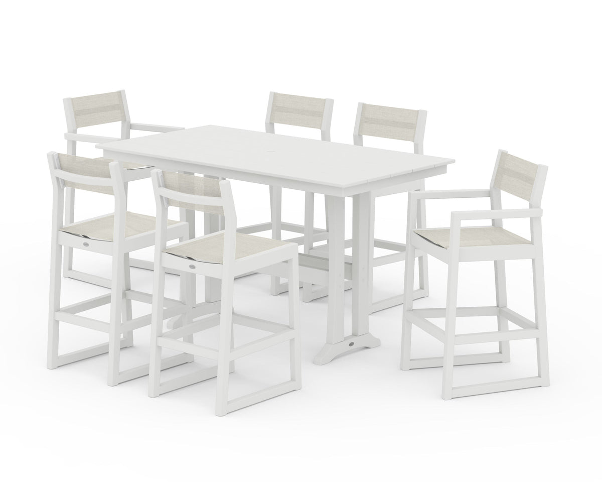 POLYWOOD EDGE Sling 7-Piece Farmhouse Bar Set with Trestle Legs in Vintage White / Parchment