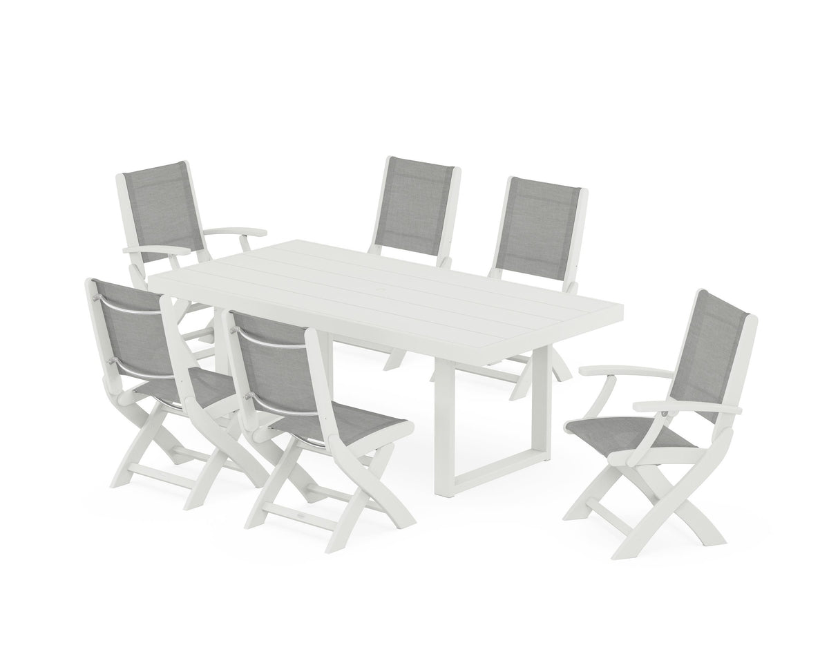 POLYWOOD Coastal Folding Chair 7-Piece Dining Set with Trestle Legs with EDGE 40" x 78" Dining Table in Vintage White / Metallic