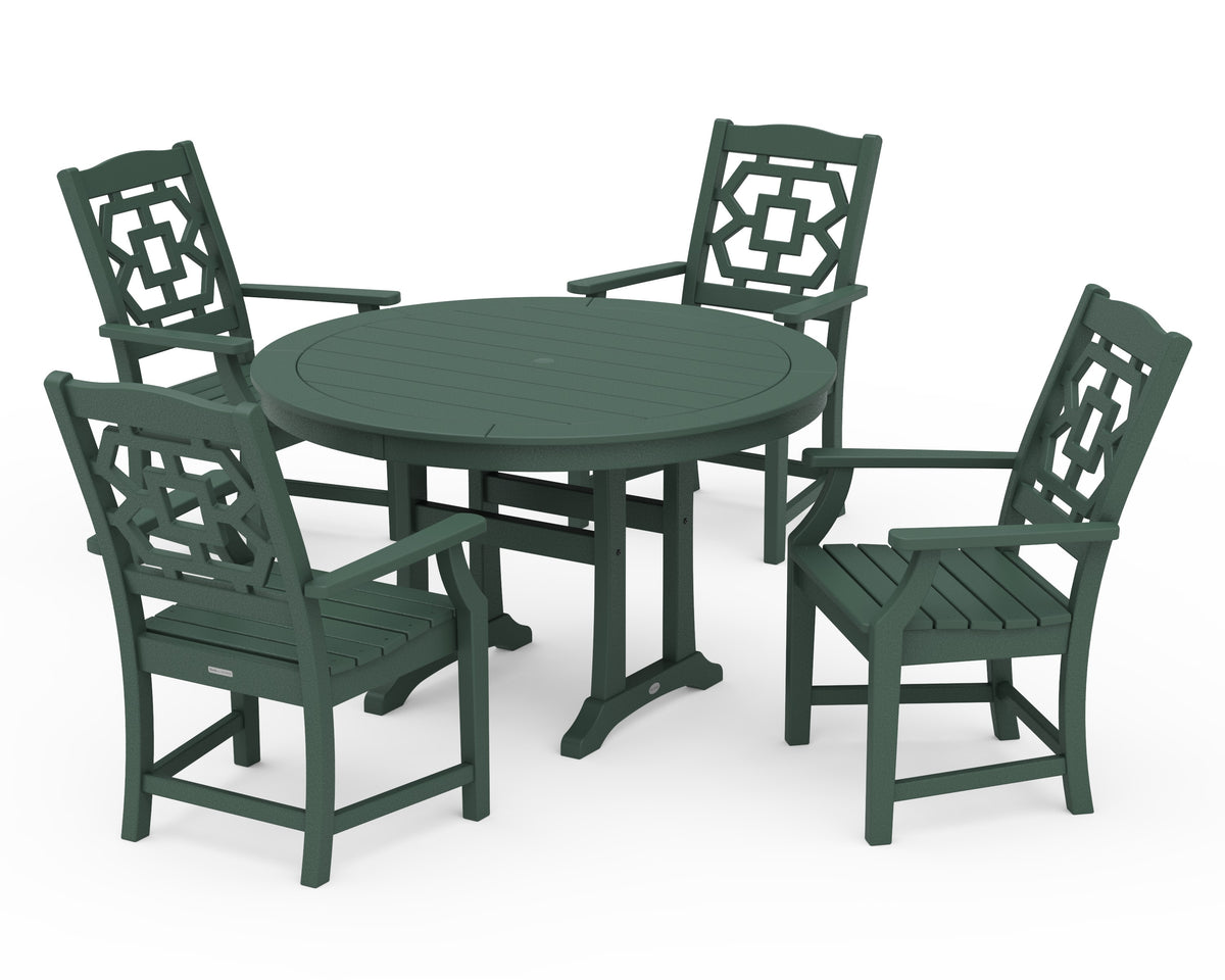 POLYWOOD Chinoiserie 5-Piece Round Dining Set with Trestle Legs in Green