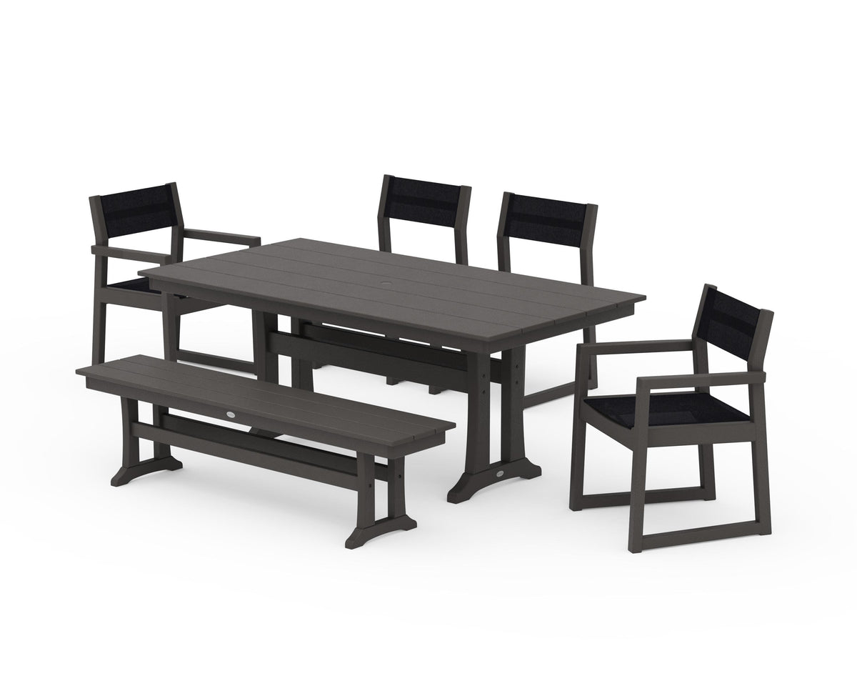 POLYWOOD EDGE Sling 6-Piece Farmhouse Dining Set With Trestle Legs in Vintage Coffee / Black