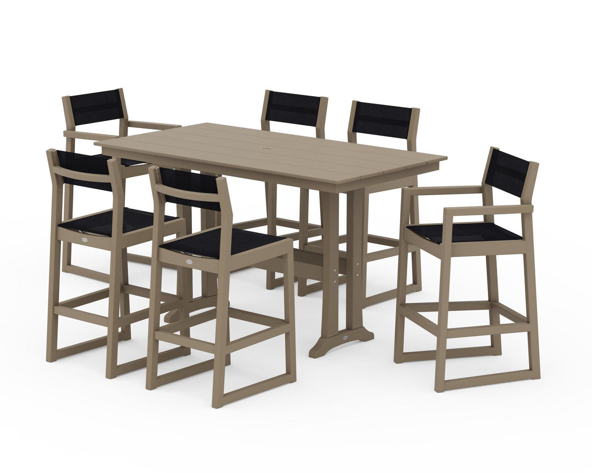 POLYWOOD EDGE Sling 7-Piece Farmhouse Bar Set with Trestle Legs in Vintage Sahara / Black