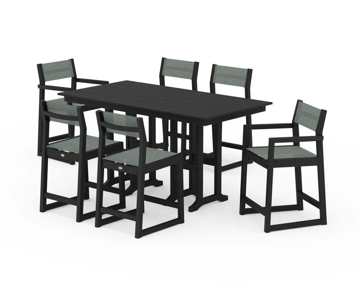 POLYWOOD EDGE Sling 7-Piece Farmhouse Counter Set with Trestle Legs in Black / Dupioni Sea Mist