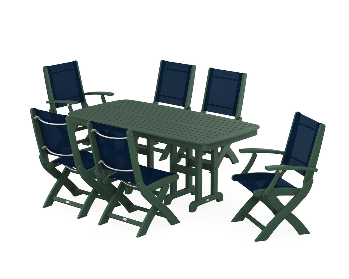 POLYWOOD Coastal Folding Chair 7-Piece Dining Set in Green / Navy Blue