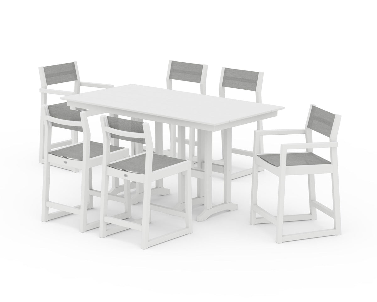 POLYWOOD EDGE Sling 7-Piece Farmhouse Counter Set with Trestle Legs in White / Metallic