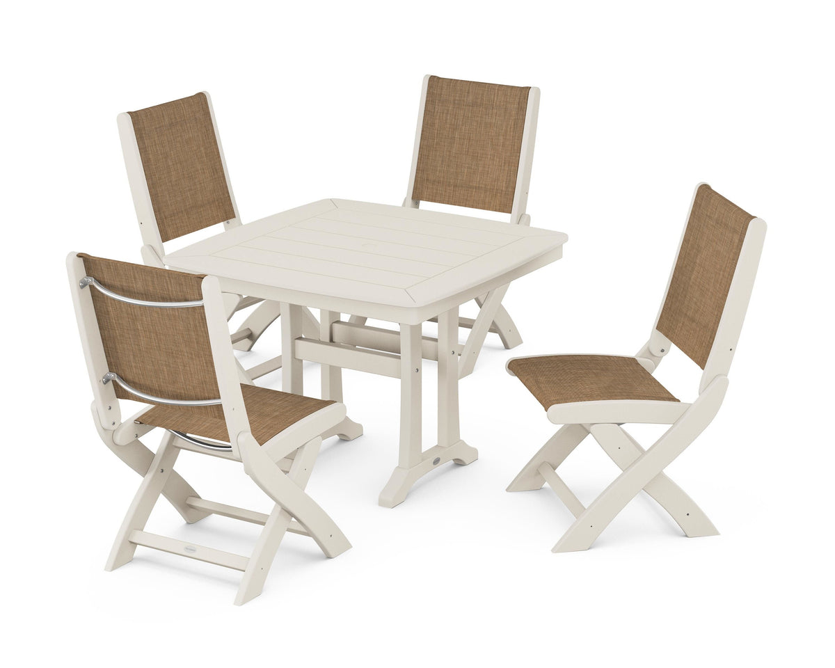 POLYWOOD Coastal Folding Side Chair 5-Piece Dining Set with Trestle Legs in Sand / Burlap