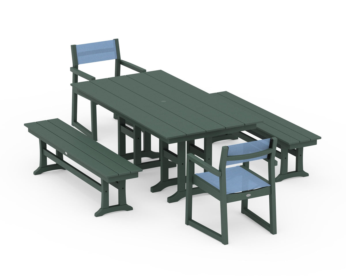 POLYWOOD EDGE Sling Arm Chair 5-Piece Farmhouse Dining Set with Benches in Green / Poolside
