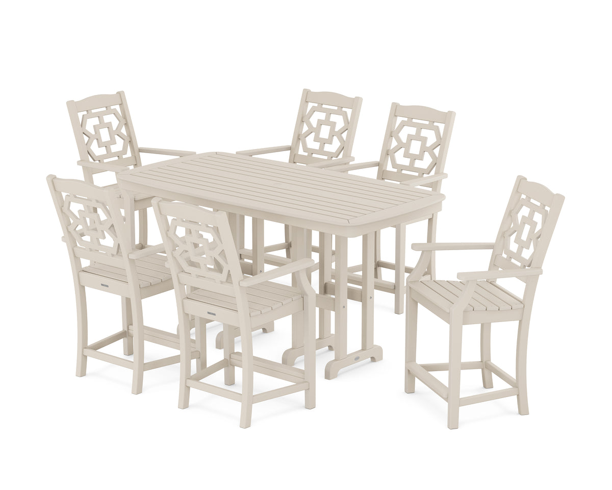 POLYWOOD Chinoiserie Arm Chair 7-Piece Counter Set in Sand