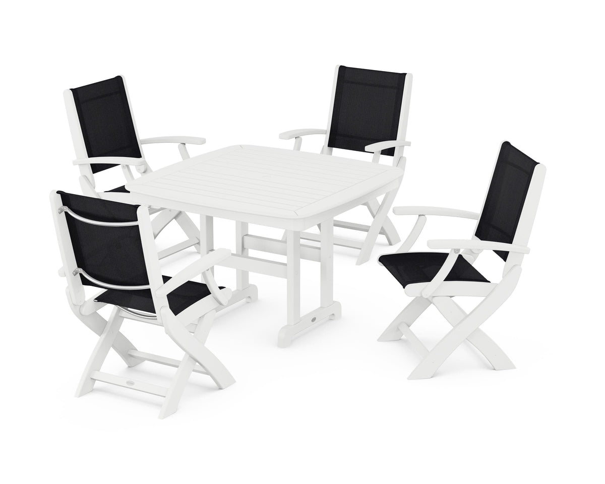 POLYWOOD Coastal Folding Chair 5-Piece Dining Set with Nautical 44" Dining Table in White / Black