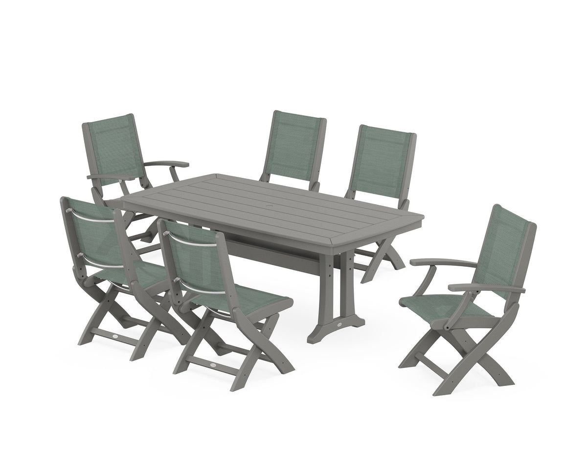 POLYWOOD Coastal Folding Chair 7-Piece Dining Set with Trestle Legs with Nautical Trestle 38" x 73" Dining Table in Slate Grey / Dupioni Sea Mist