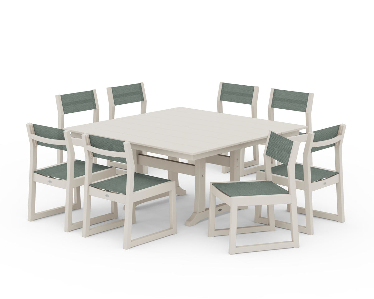 POLYWOOD EDGE Sling Side Chair 9-Piece Farmhouse Trestle Dining Set in Sand / Dupioni Sea Mist