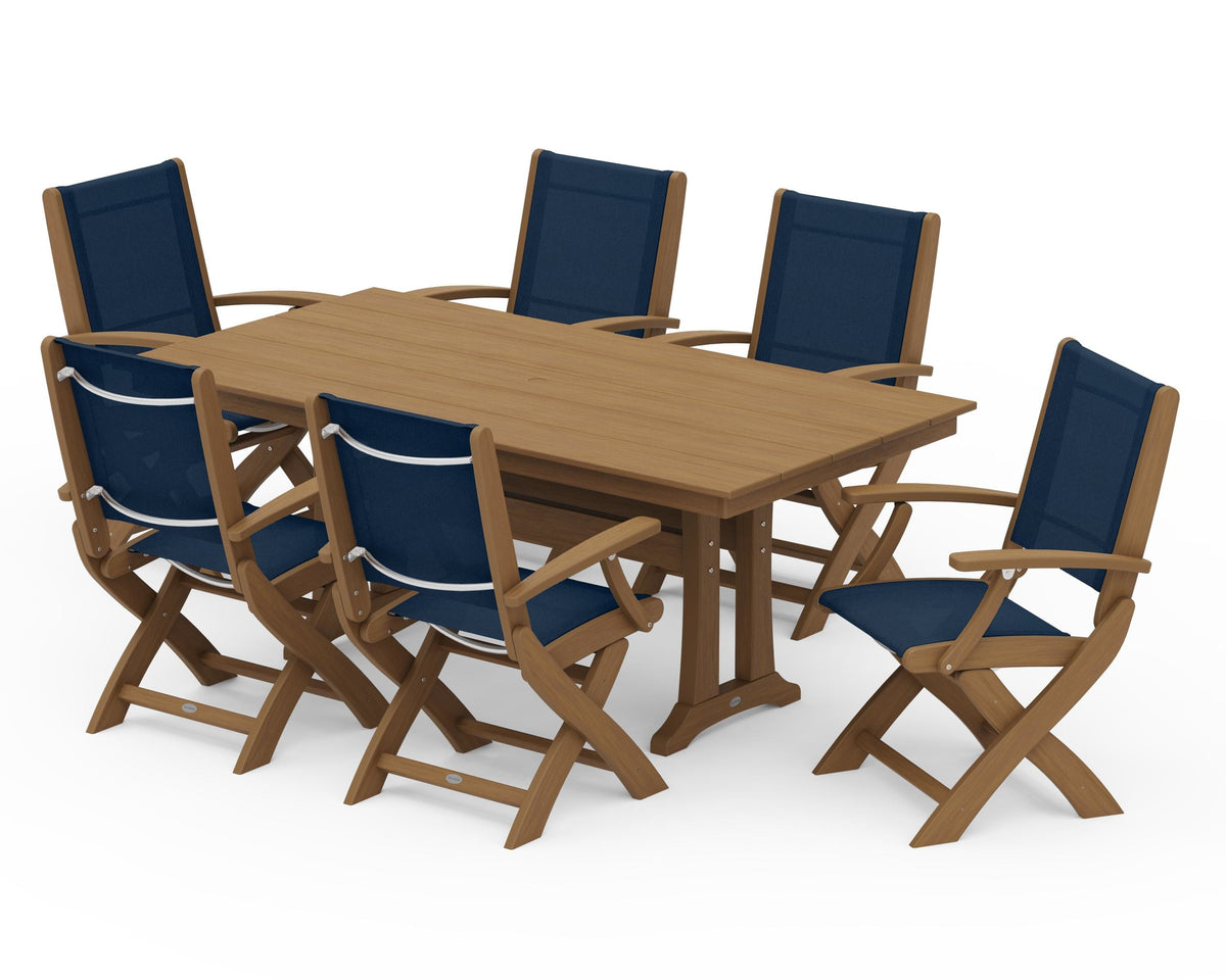 POLYWOOD Coastal Folding Arm Chair 7-Piece Farmhouse Dining Set with Trestle Legs in Natural / Navy Blue