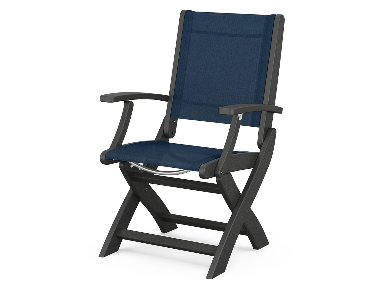 POLYWOOD Coastal Folding Chair in Black with Black arms and Navy Blue sling