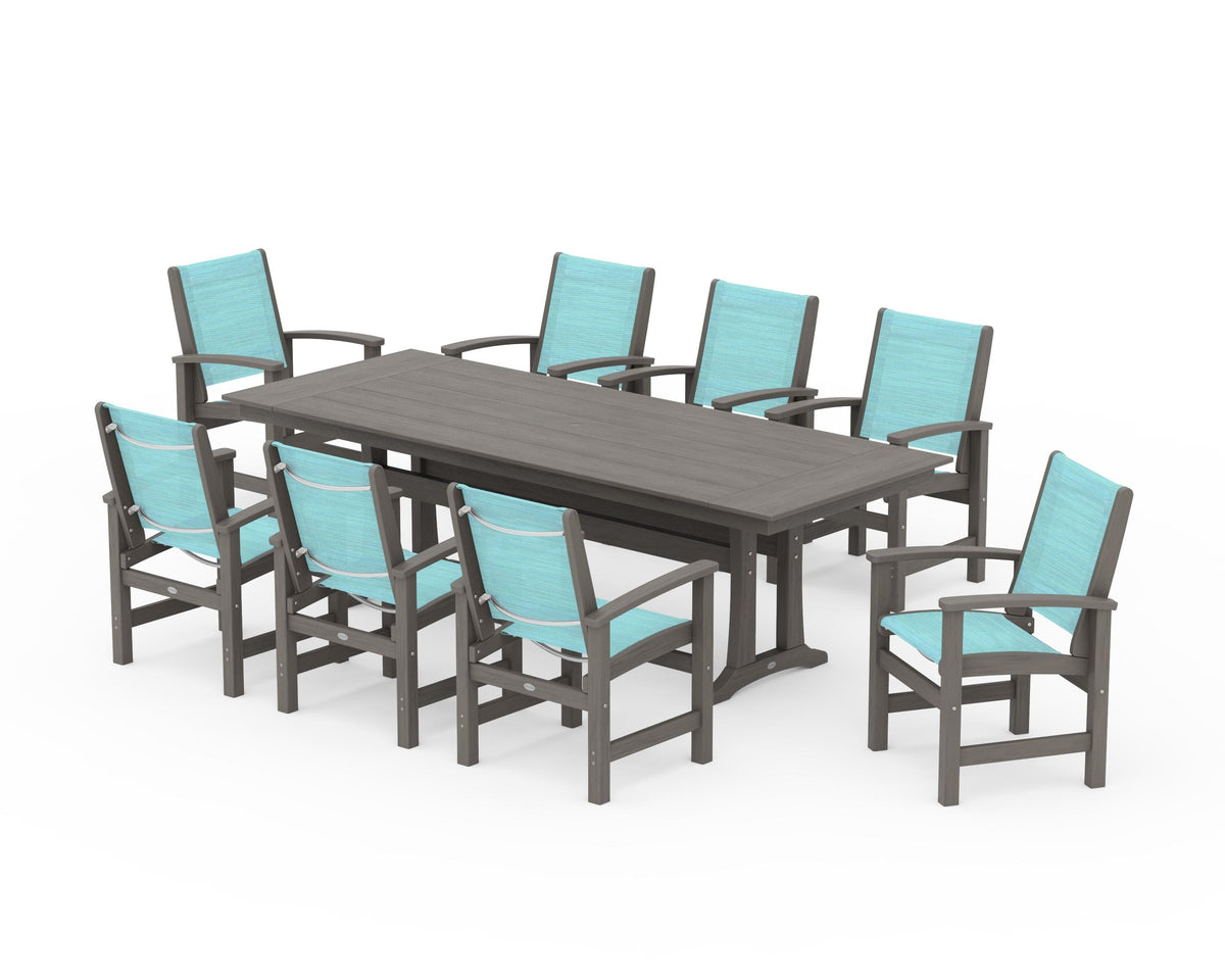 POLYWOOD Coastal 9-Piece Farmhouse Dining Set with Trestle Legs in Driftwood / Dupioni Aquamarine