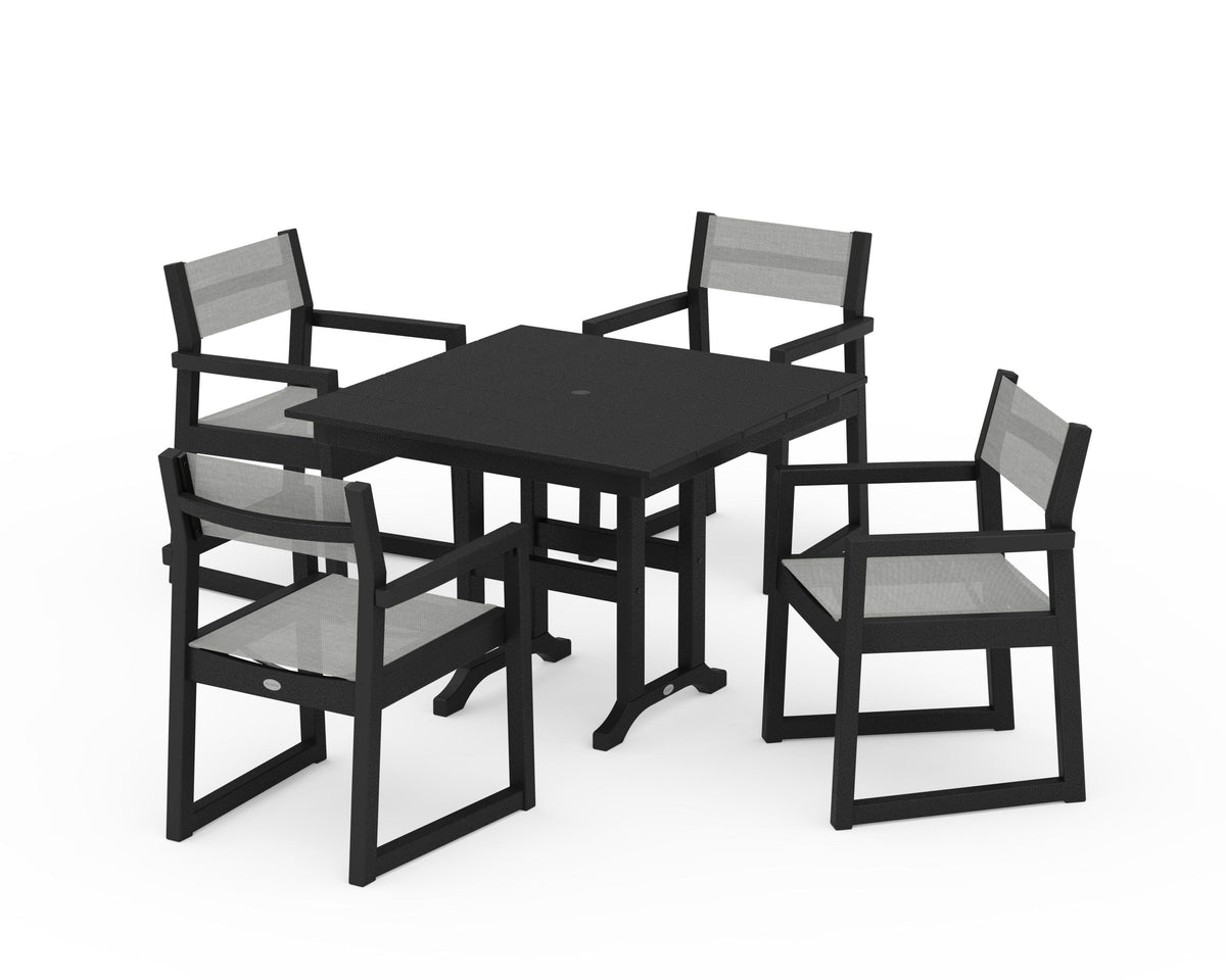 POLYWOOD EDGE Sling Arm Chair 5-Piece Farmhouse Dining Set in Black / Metallic