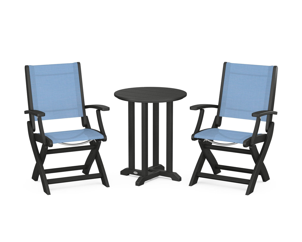 POLYWOOD Coastal Folding 3-Piece Round Bistro Dining Set in Black / Poolside