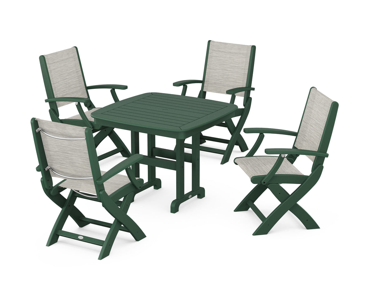 POLYWOOD Coastal Folding Chair 5-Piece Dining Set with Nautical 37" Dining Table in Green / Birch