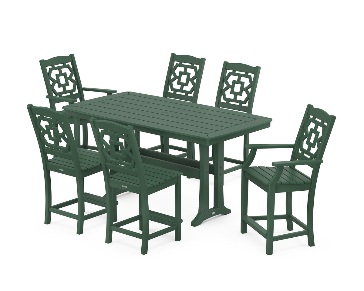 POLYWOOD Chinoiserie 7-Piece Counter Set with Trestle Legs in Green