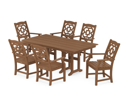 POLYWOOD Chinoiserie Arm Chair 7-Piece Farmhouse Dining Set in Teak