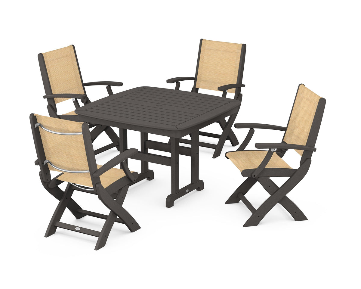 POLYWOOD Coastal Folding Chair 5-Piece Dining Set with Nautical 44" Dining Table in Vintage Coffee / Dupioni Apricot