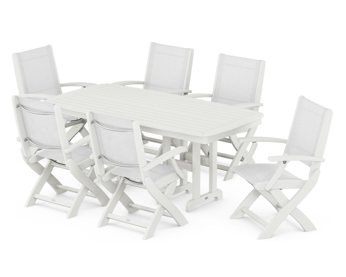 POLYWOOD Coastal Folding Arm Chair 7-Piece Dining Set in Vintage White / White