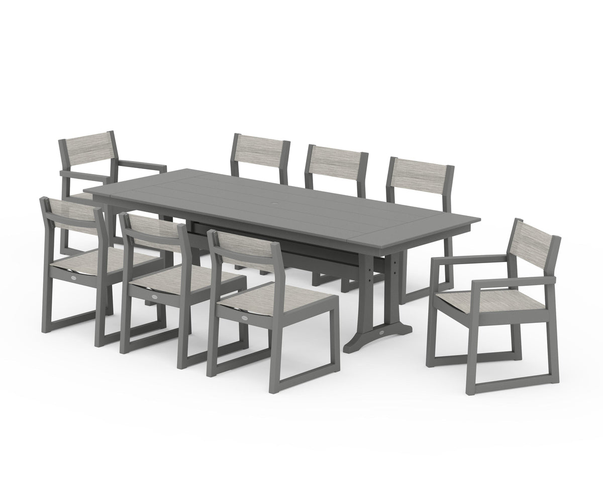 POLYWOOD EDGE Sling 9-Piece Farmhouse Trestle Dining Set in Slate Grey / Birch