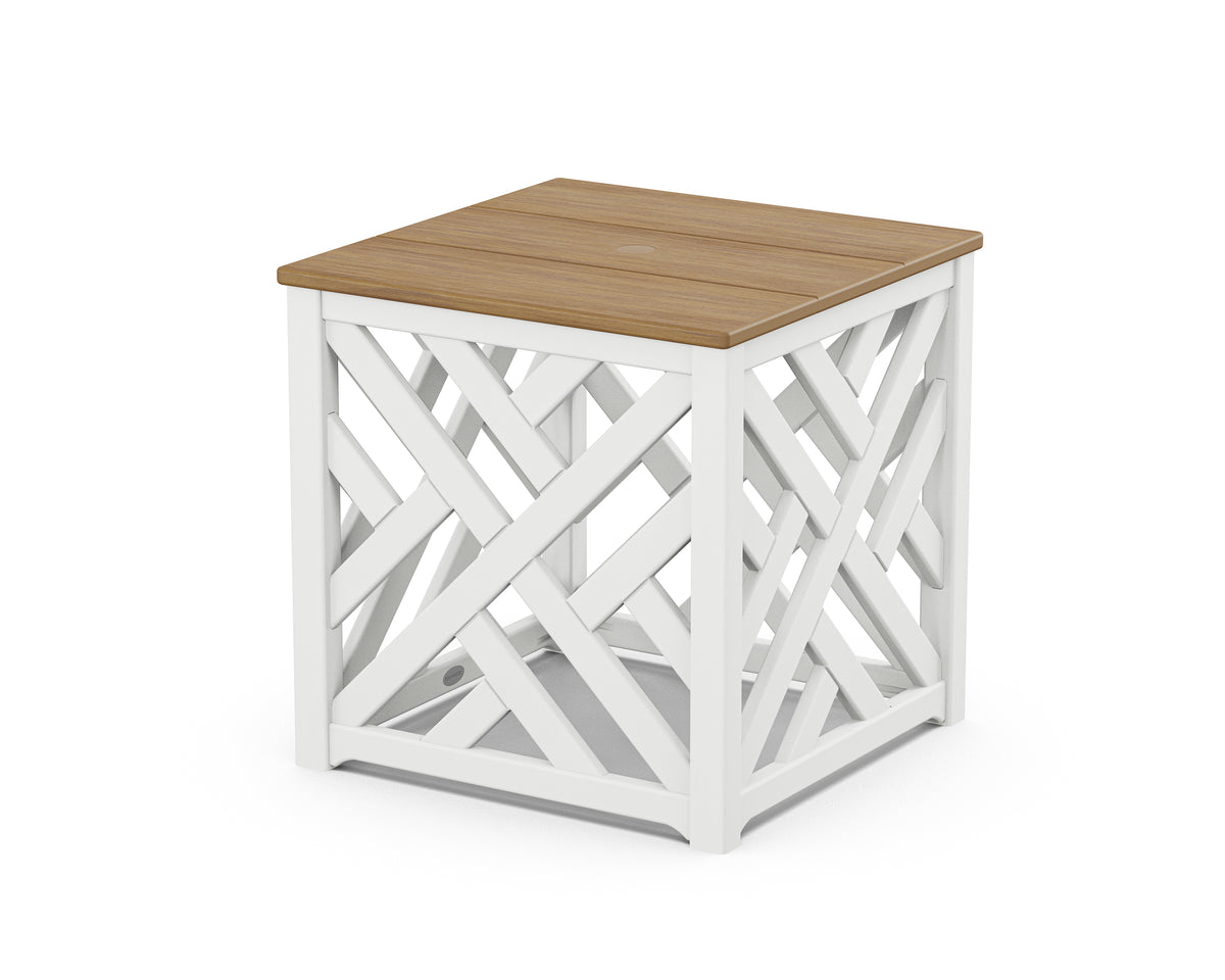 POLYWOOD Chippendale Umbrella Stand Accent Table in White / Natural