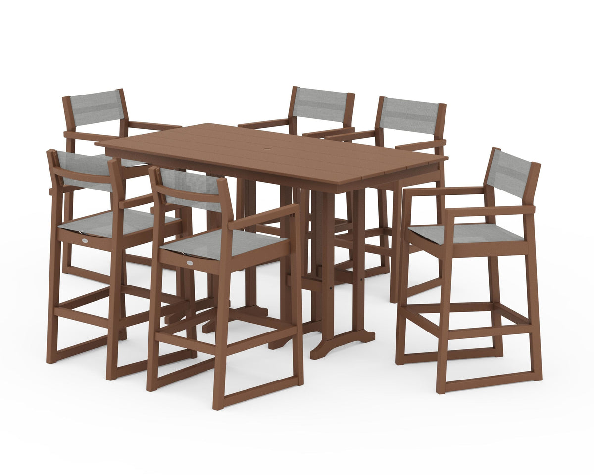POLYWOOD EDGE Sling Arm Chair 7-Piece Farmhouse Bar Set in Teak / Metallic