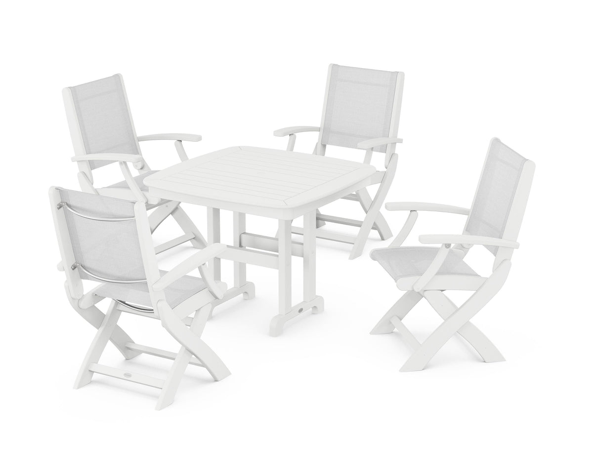 POLYWOOD Coastal Folding Chair 5-Piece Dining Set with Nautical 37" Dining Table in White / White